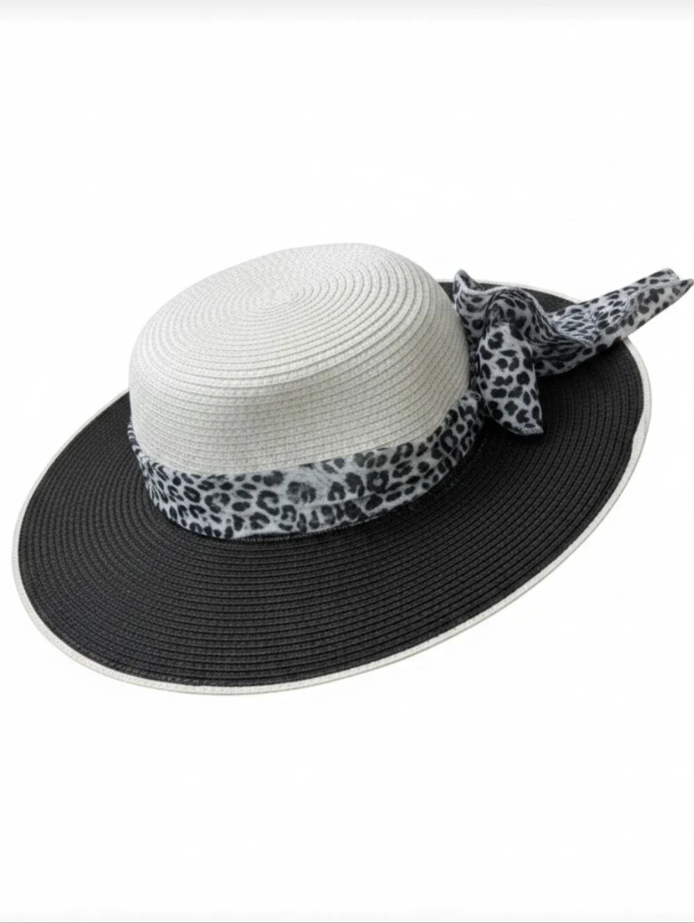 Jacobson Two-Tone Wide Brim Straw Hat with Leopard Scarf Glam Resort Vacation